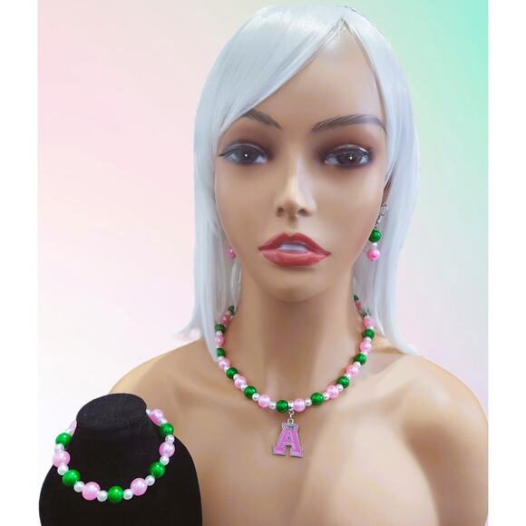 AKA Alpha Kappa Alpha Jewelry Set Pink and Green Necklace, Earrings, Bracelet - Picture 1 of 6